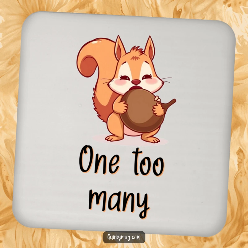 Funny squirrel character protecting a table with a coaster, surprised by a huge acorn mid-swallow.