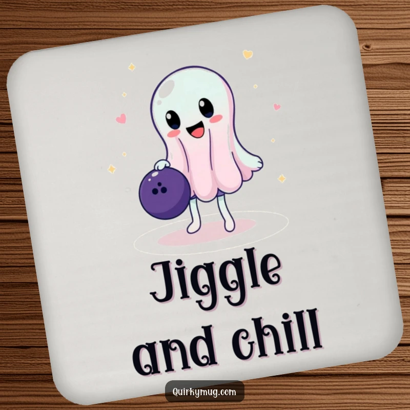 Funny drink coaster with a wobbly jelly character attempting to balance a bowling ball, offering quirky protection for your surfaces.