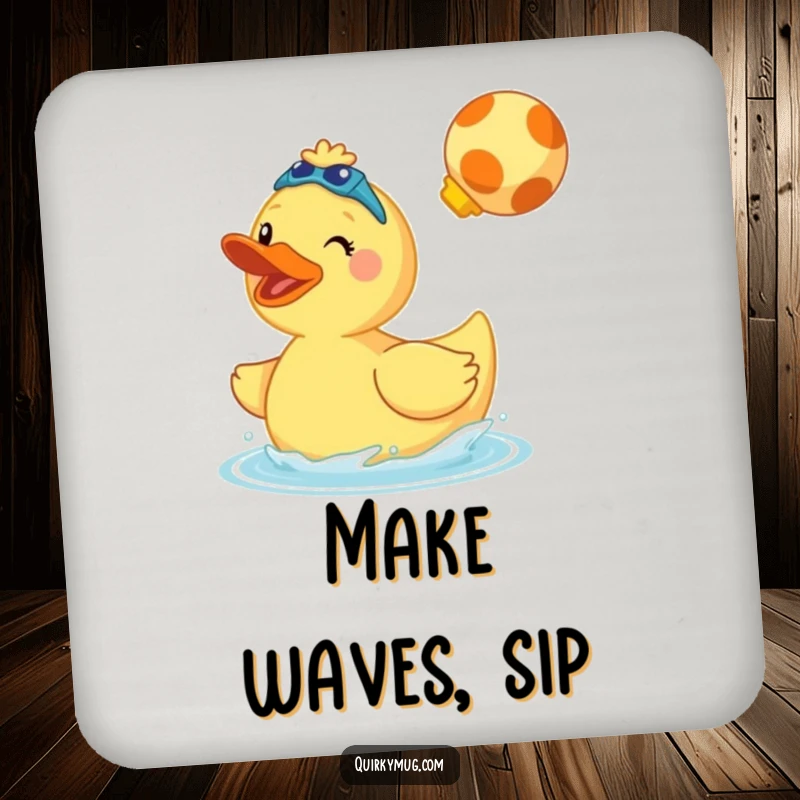Funny drink coaster depicting a cheerful giant rubber duck wearing swim fins and doing a cannonball splash.