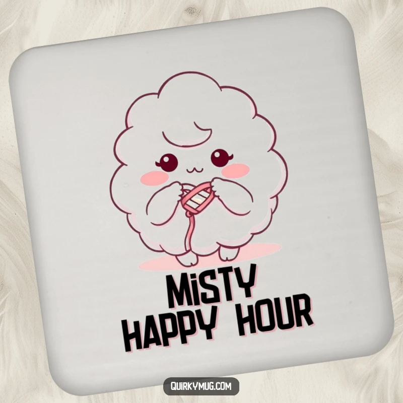 Funny drink coaster with a fluffy cloud character humorously knitting with its own mist, a delightful surface protector.