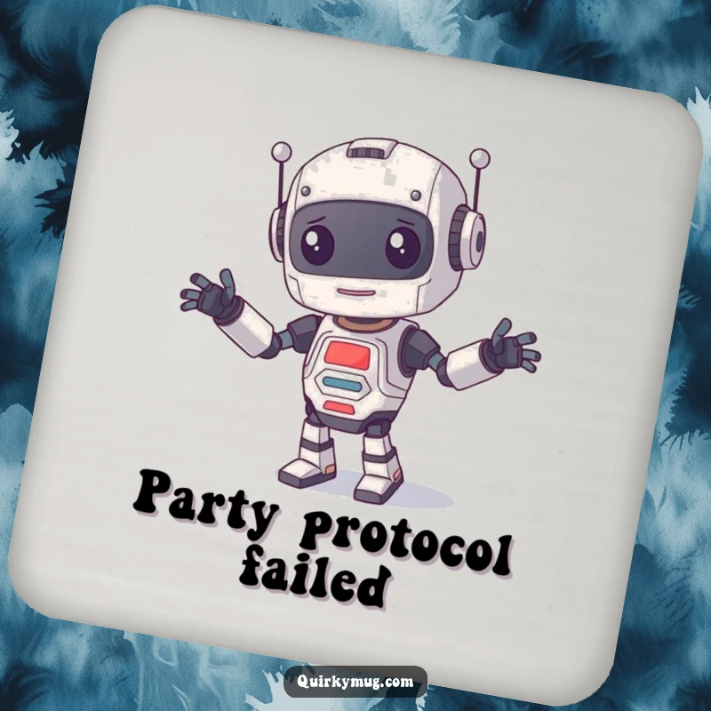 Funny Coasters featuring a curious robot with disobedient limbs during a dance, protecting surfaces with humor.