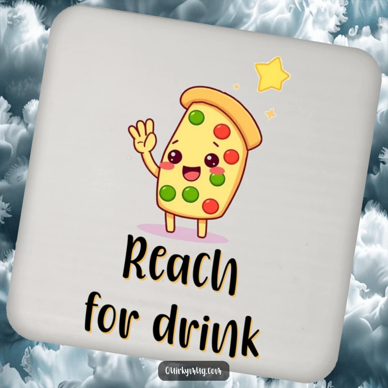 Funny Kawaii pizza slice character reaching for a distant star on this protective drink coaster.
