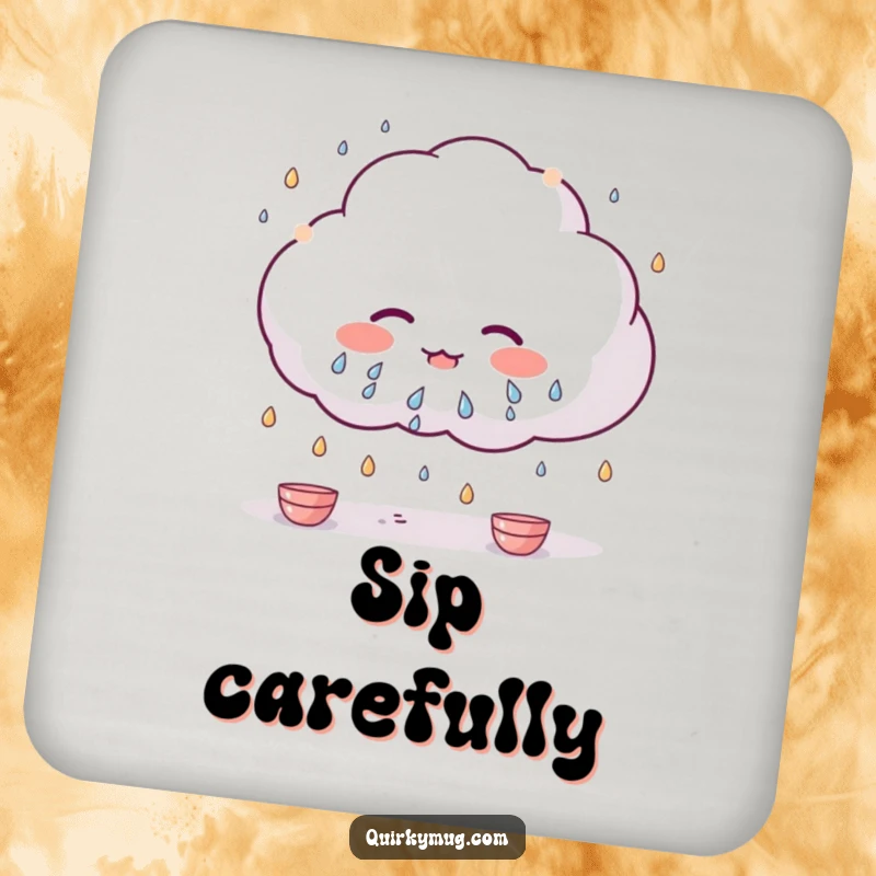 Funny Kawaii cloud character raining tiny teacups on this protective drink coaster, adding a touch of whimsy.
