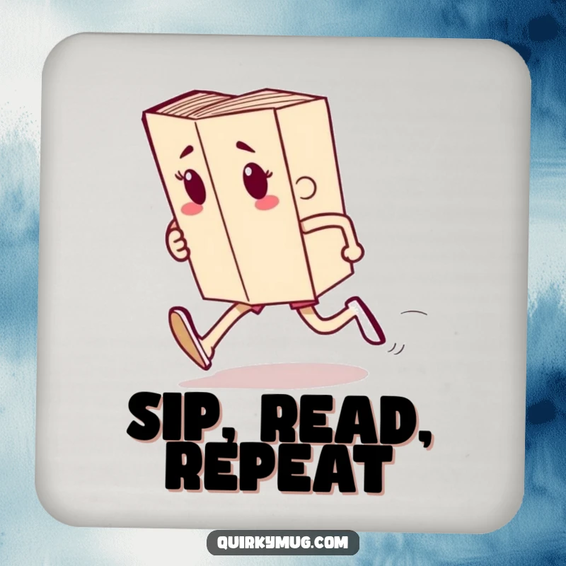 Funny drink coasters featuring a book character running a race, offering surface protection with a humorous, literary theme.