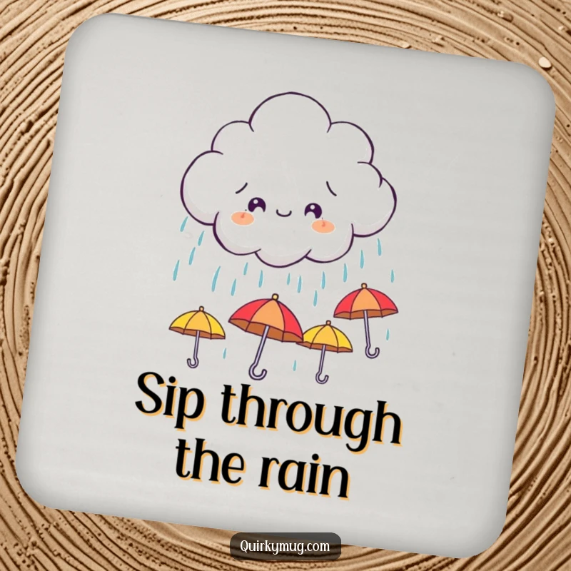 Funny drink coaster featuring a mischievous cloud character raining down tiny, smiling umbrellas, ideal for protecting tabletops.
