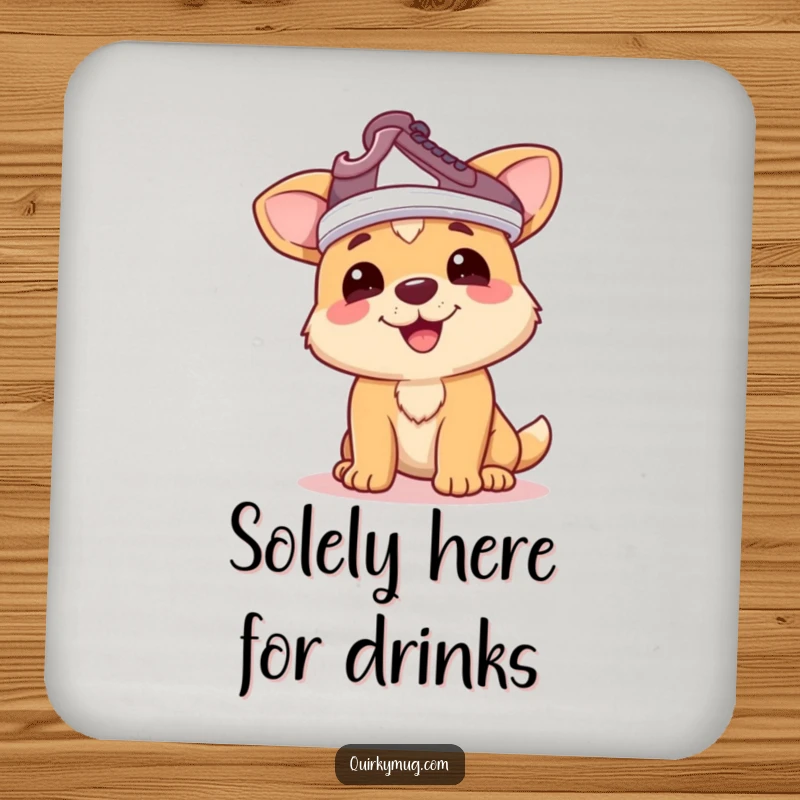 Funny dog coaster: Happy dog character wearing a shoe on its head as a hat, a charming funny gift.