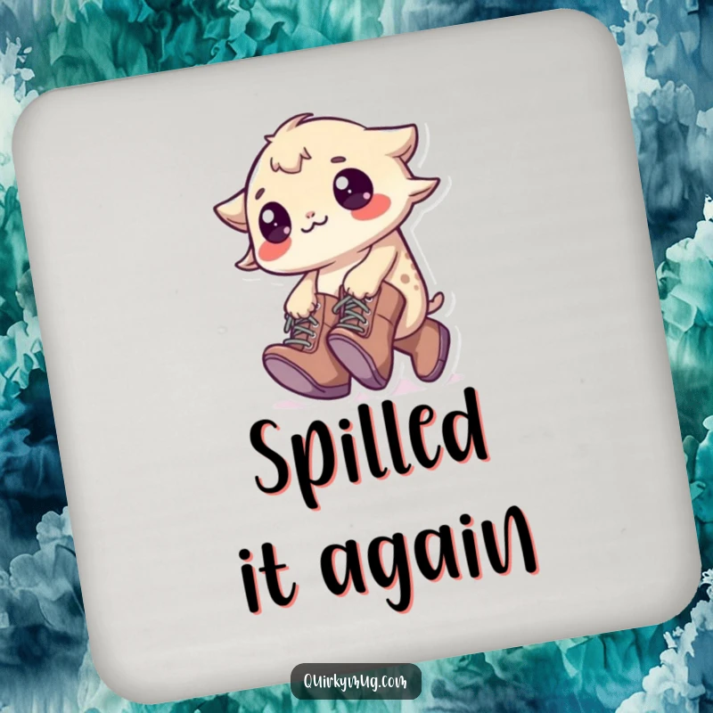 Funny Tripping Creature Coaster: A little creature wearing oversized boots, comically tripping, a charming and humorous protector.