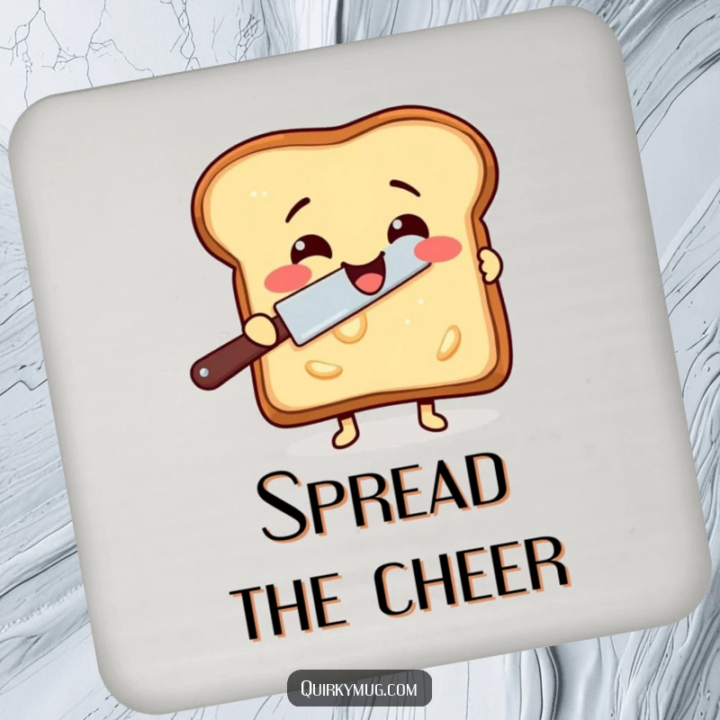 Funny drink coaster depicting a delighted slice of toast attempting to butter itself with a rogue butter knife.
