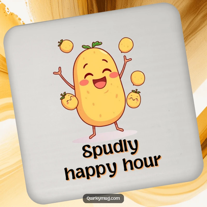 Funny drink coasters featuring a clumsy potato character attempting to juggle three small potatoes, protecting surfaces with a smile.