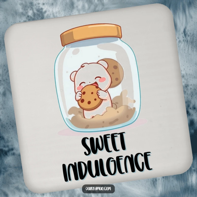 Funny drink coaster featuring a small creature gleefully trying to sneak a cookie from a giant cookie jar, a humorous table protector.