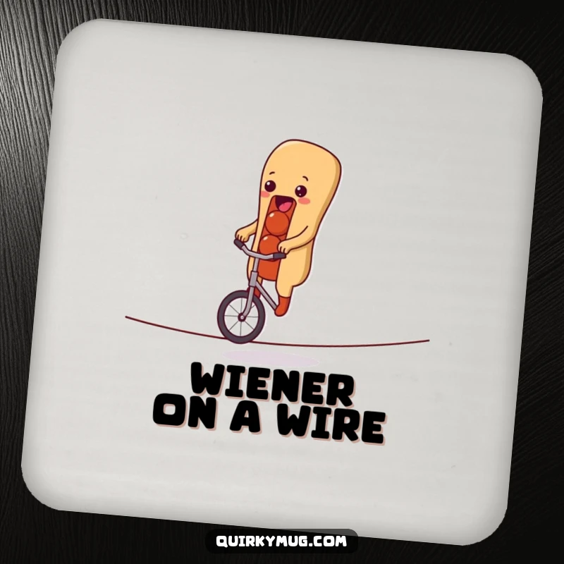 Funny coaster set with a hot dog character performing a unicycle trick on a tightrope, adding humor to drink service.