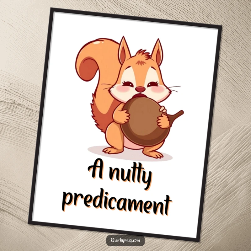 Funny squirrel character with wide eyes, accidentally swallowing a massive acorn in a vibrant poster, capturing a moment of shock.