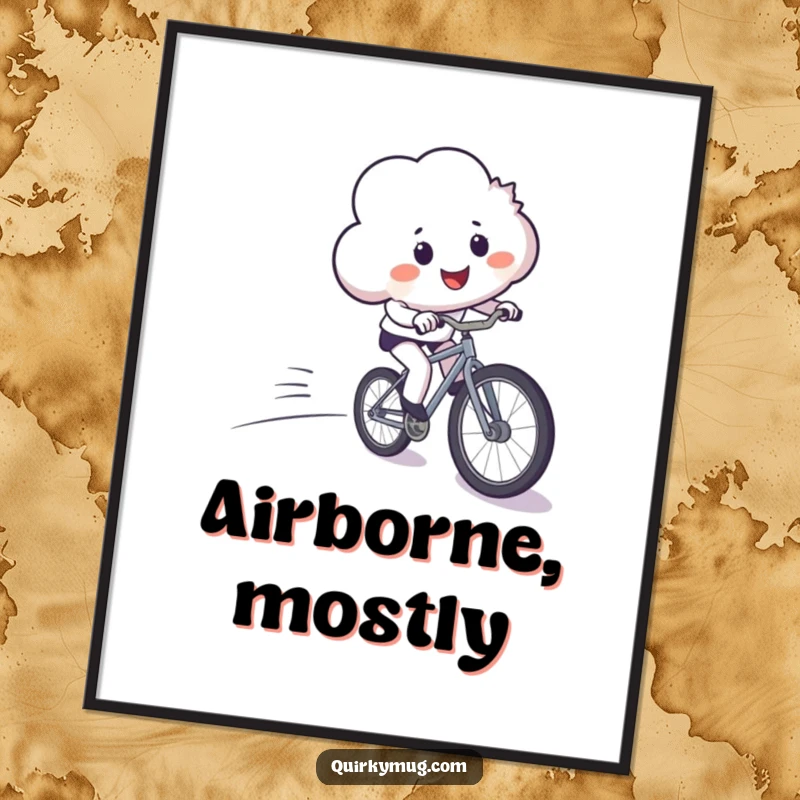 Funny poster of a smiling cloud comically losing control while riding a bicycle downhill, whimsical and humorous wall decor.