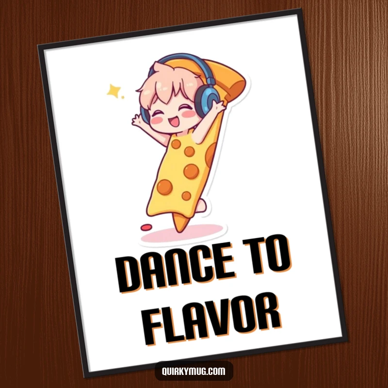 Funny poster print of a cute character wearing headphones, happily dancing on a giant slice of pizza, full of festive energy.