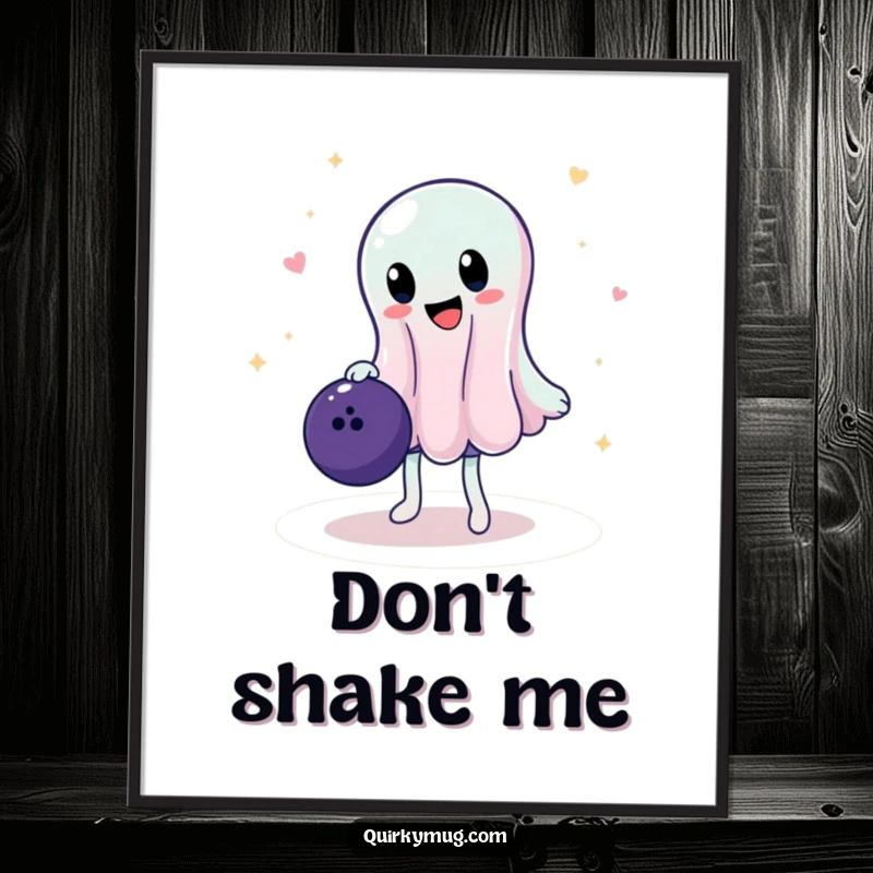 Funny poster illustrating a translucent, jelly character precariously balancing a large bowling ball, capturing a moment of extreme, comical focus.