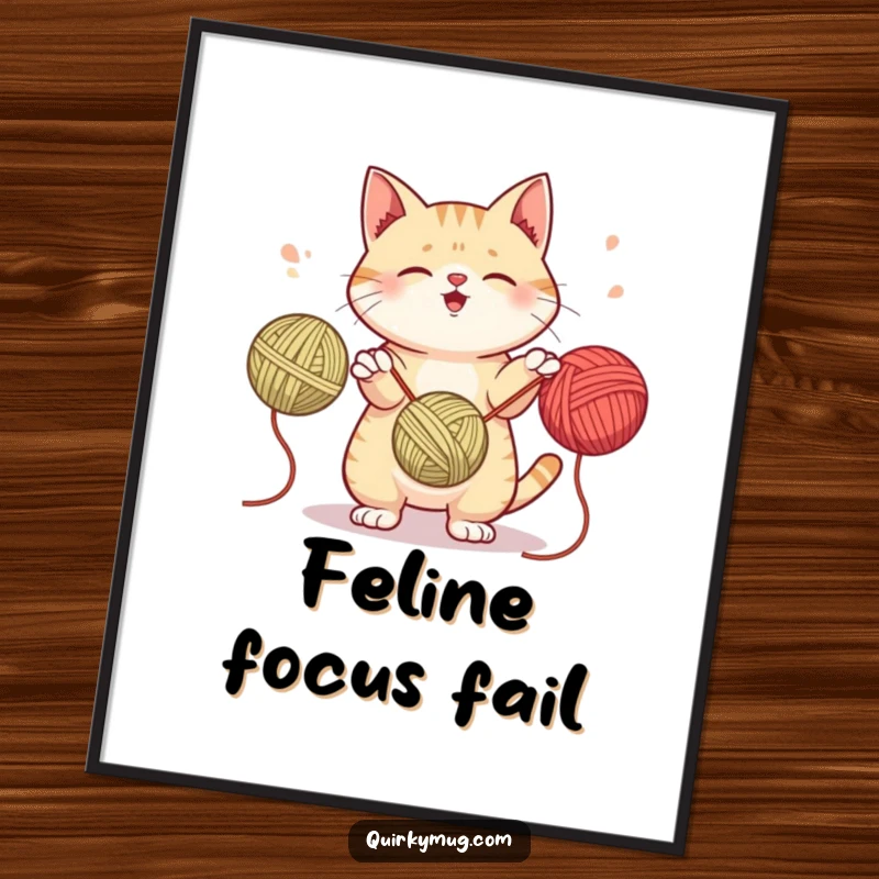 Funny poster of a mischievous cat attempting to juggle three balls of yarn, capturing a moment of playful feline dexterity.