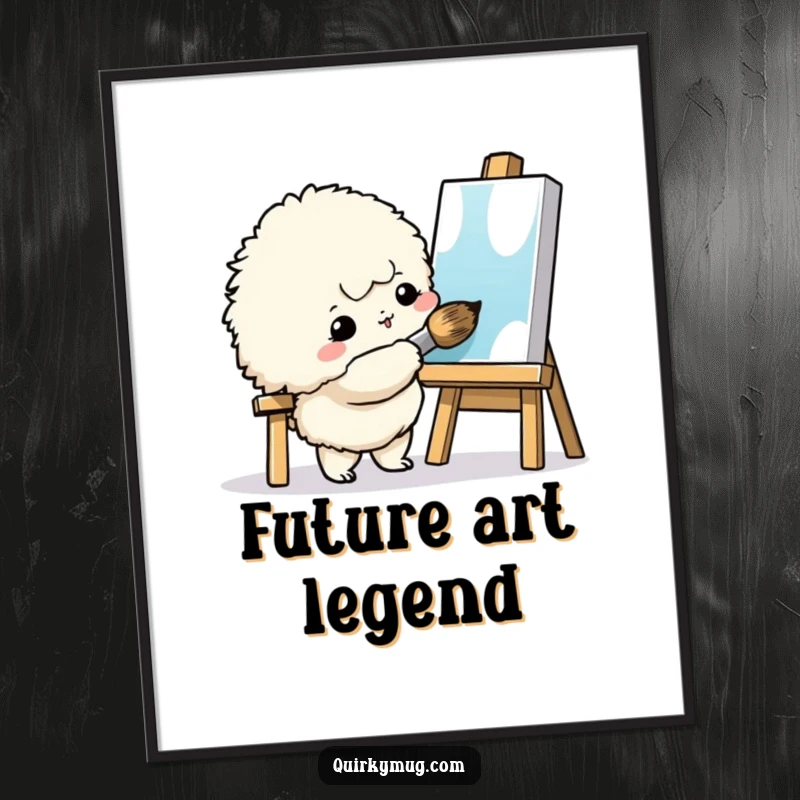 Funny Art Creature Poster: A small fluffy creature painting a tiny canvas with a giant brush, a humorous art inspiration.