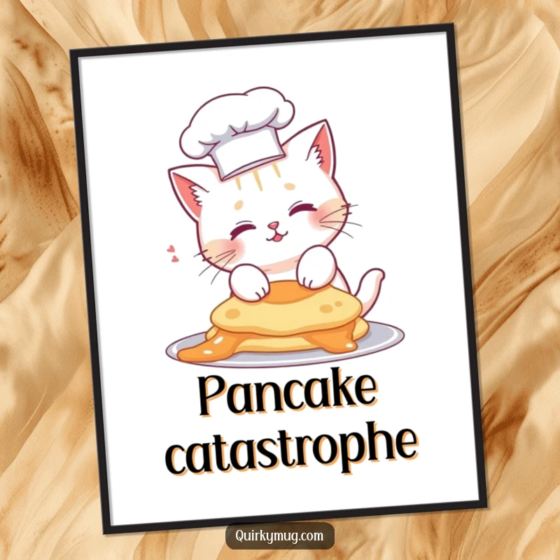 Funny cat chef poster, cute cat in a chef hat, accidentally flips a pancake onto its head, humorous art.