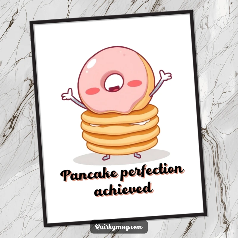 Funny poster illustrating a wobbly jelly donut with tiny arms attempting to balance a huge stack of pancakes, creating a humorous breakfast scene.