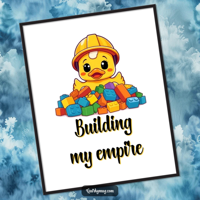 Funny construction helmet rubber ducky looking bewildered at a pile of LEGO bricks, humorous poster art.