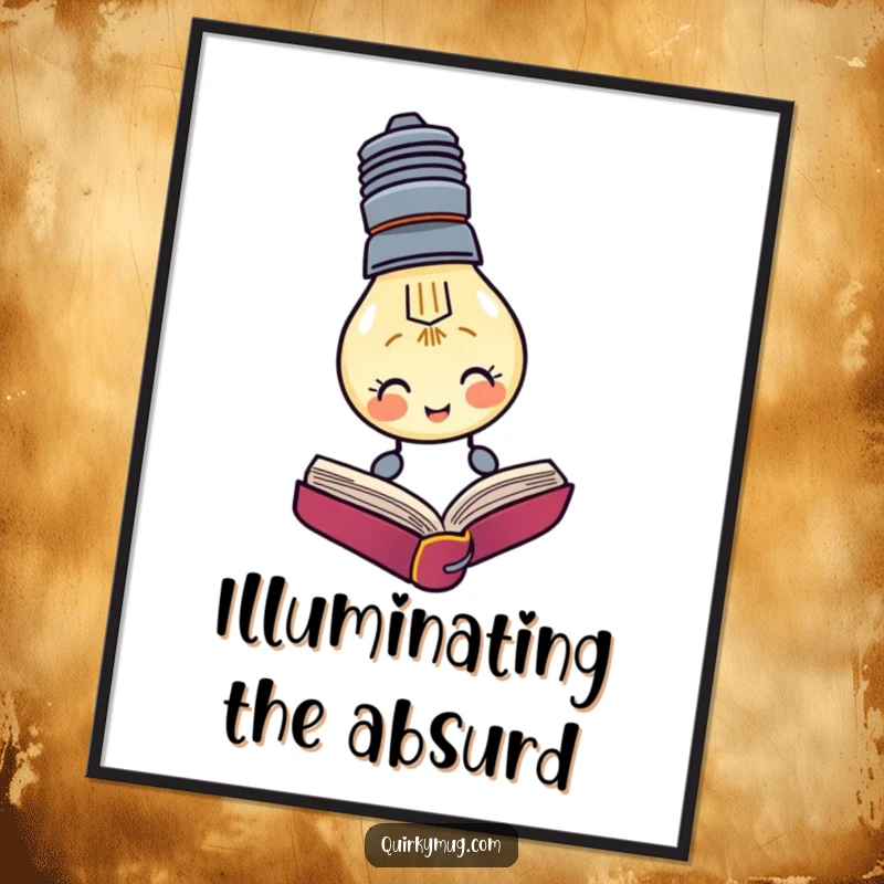 Funny poster art of a lightbulb character attempting to read a book upside down, perfect for decor.