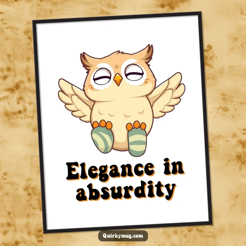 Funny giggling owl character soaring with oversized mismatched socks in a vibrant digital art print, full of whimsical energy.