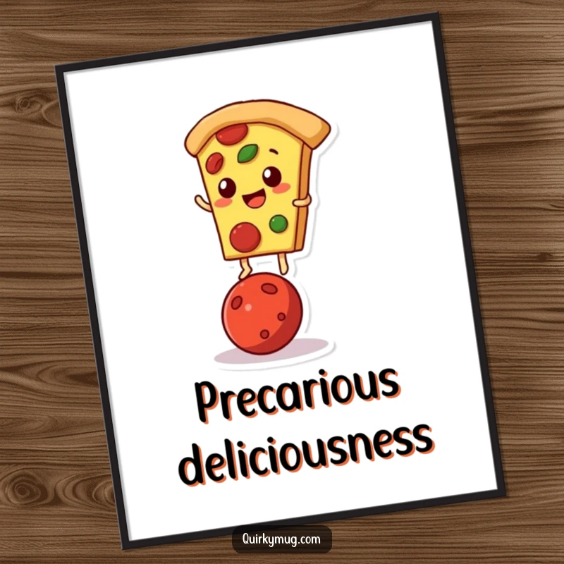 Funny poster art of a pizza slice character balancing on a single pepperoni, perfect for kitchens.