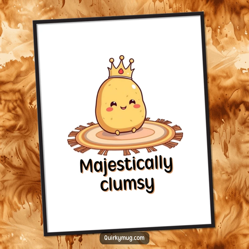 Funny poster art of a crowned potato character sliding on a rug, perfect for whimsical decor.