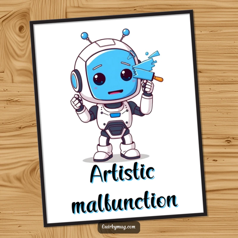 Funny poster illustrating a clumsy robot character with a completely blue face, eyes wide with surprise after an accidental painting session.