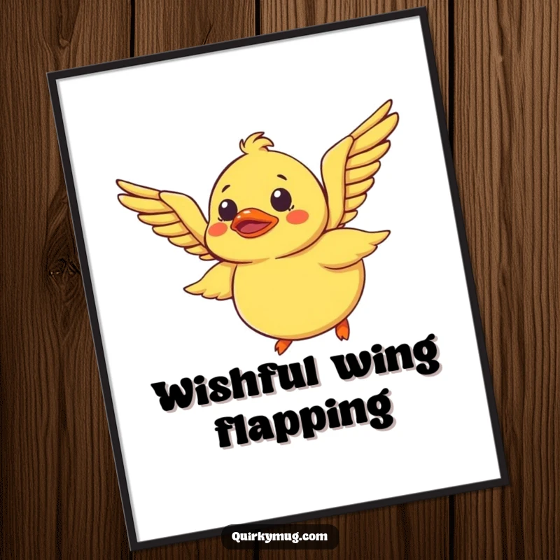 Funny Rubber Duck Poster: A bewildered rubber duck tries to fly using its wings, a humorous and artistic wall decor piece.