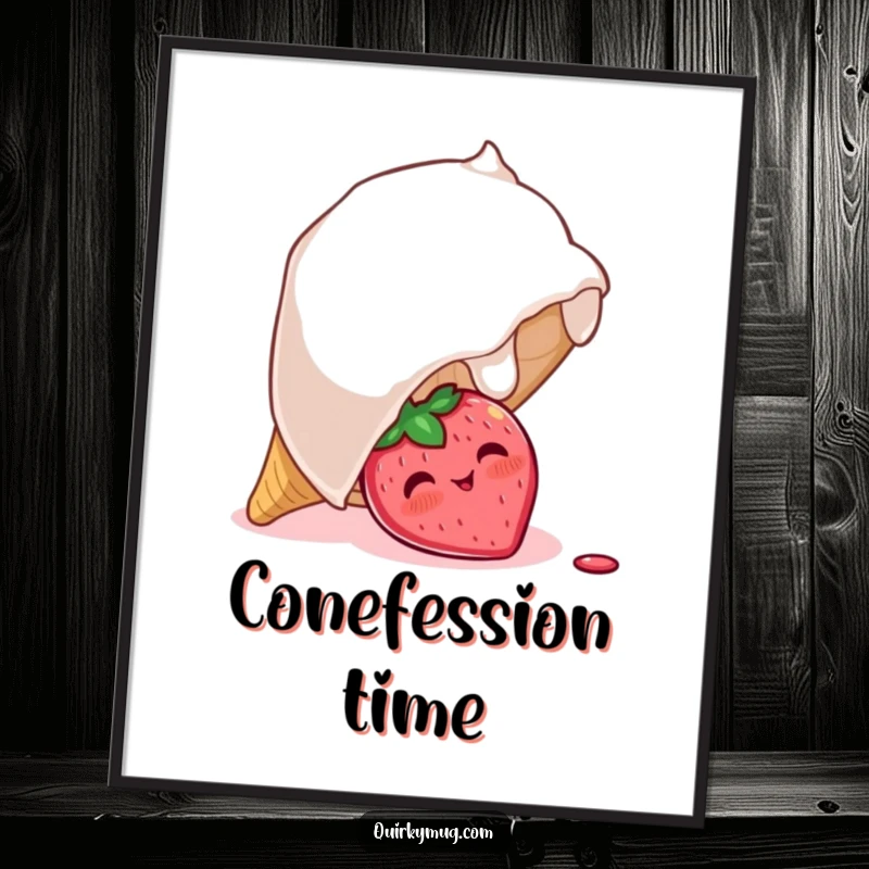 Funny poster depicting a shy, blushing strawberry character hiding beneath a large, overturned ice cream cone, creating a sweet and humorous scene.