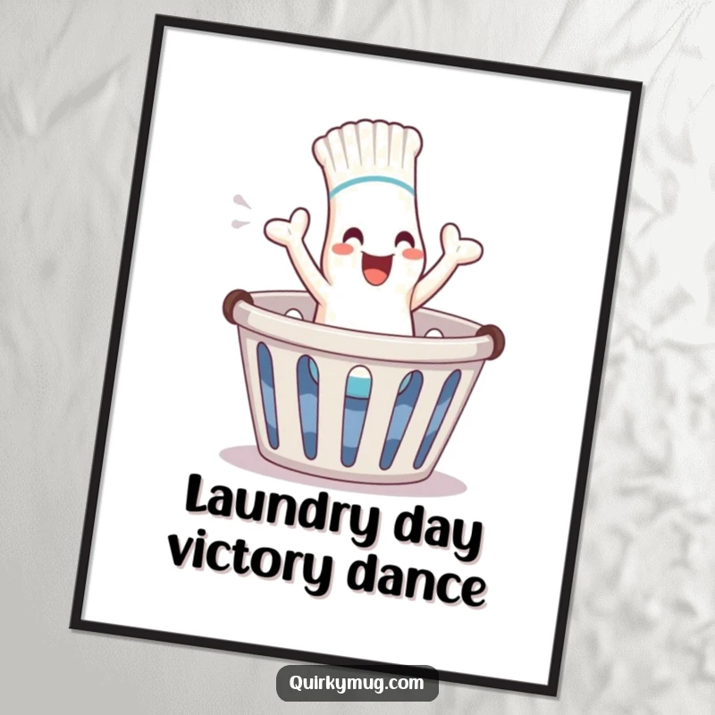 Funny giggling sock character escaping laundry, vibrant poster art, perfect funny gift for any wall.