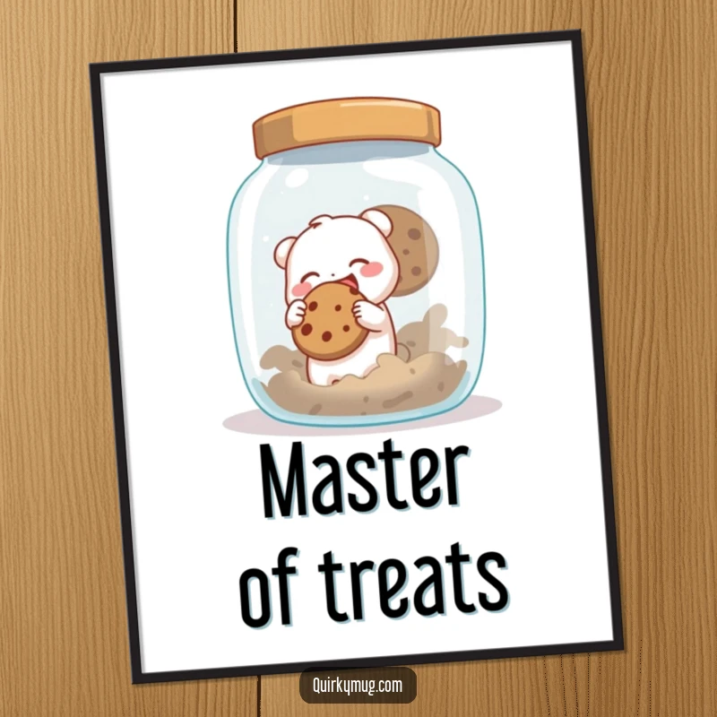 Funny poster of a small creature gleefully attempting to steal a cookie from an enormous cookie jar, a humorous culinary caper on display.