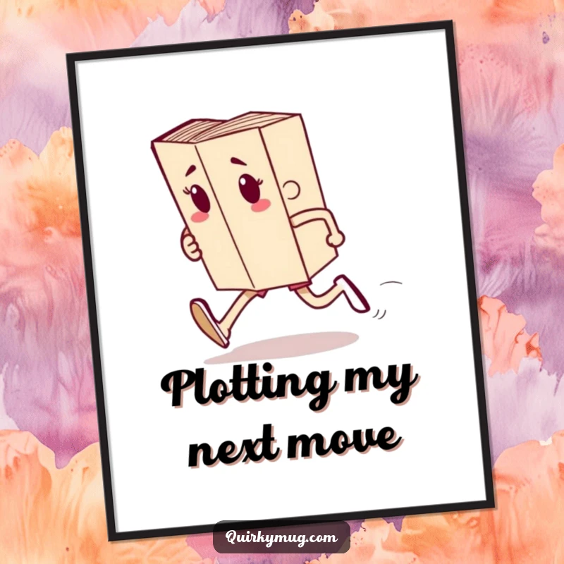 Funny poster of a book character with arms and legs running a race, symbolizing the active journey of reading.