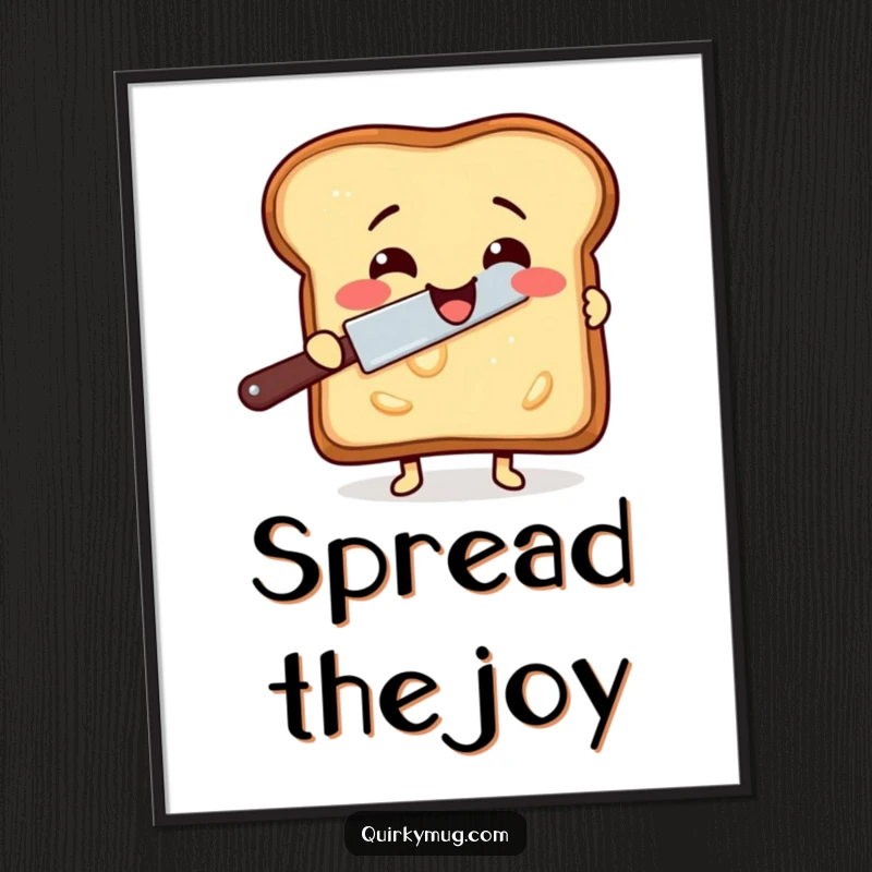 Funny poster art of a delighted slice of toast trying to butter itself with a rogue butter knife.