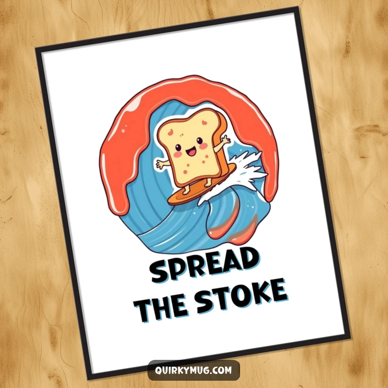 Funny poster showing a joyful toast character surfing a massive jam wave, capturing a moment of epic, breakfast-themed adventure and fun.