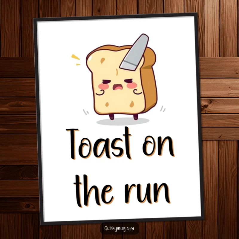Funny poster illustrating a flustered toast character in a frantic attempt to escape being buttered by a knife.