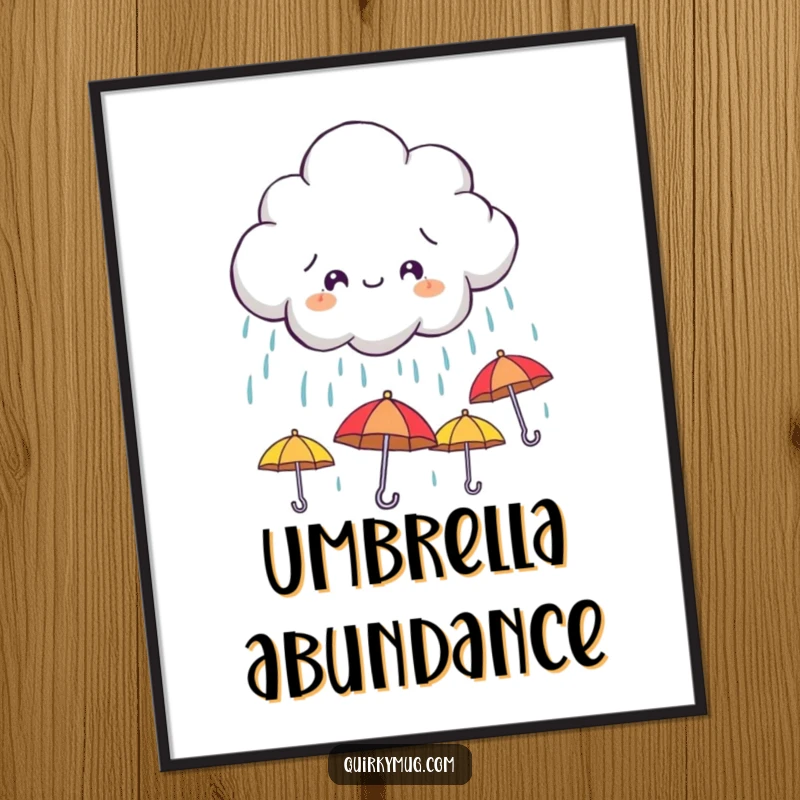 Funny poster depicting a mischievous cloud character joyfully raining miniature, smiling umbrellas, creating a whimsical and cheerful atmosphere.