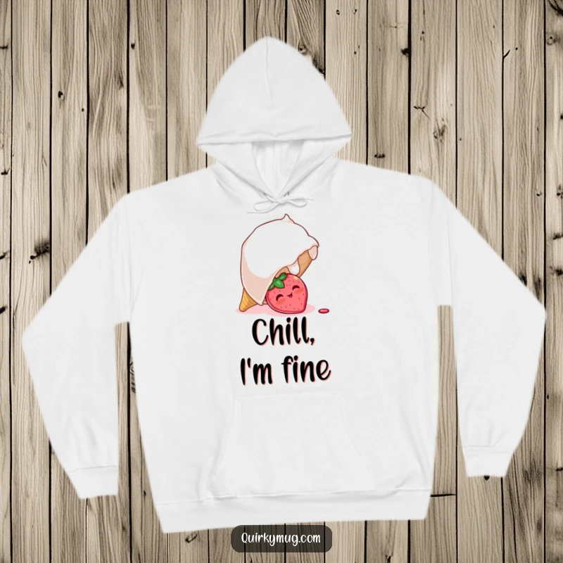 Funny hoodie showcasing a blushing strawberry character peeking out from beneath a massive, overturned ice cream cone, offering cozy humor.