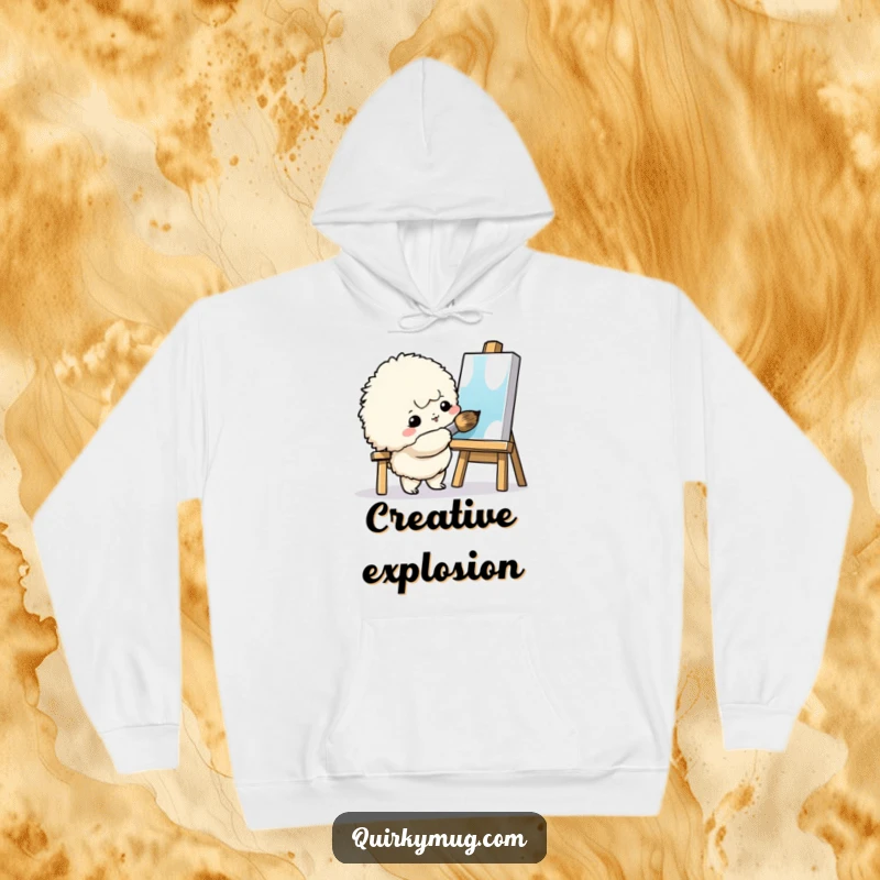Funny Art Monster Hoodie: A fluffy creature painting with a giant brush, creating art with enthusiasm, a cozy funny item.