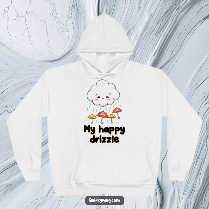 Funny hoodie showing a mischievous cloud character raining down tiny, smiling umbrellas, perfect for embracing rainy day cheer.
