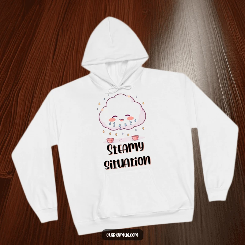 Funny Kawaii cloud character sweating heavily, raining tiny teacups on this warm and comfortable hoodie.