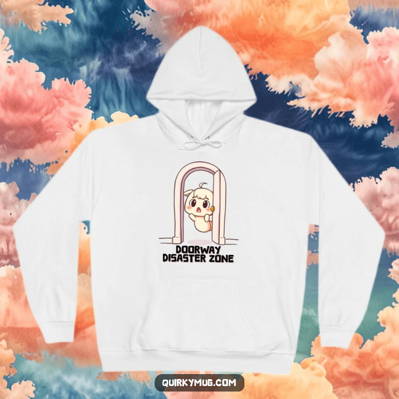 Funny hoodie featuring a surprised character comically stuck in a tiny doorway, ideal for cozying up and enjoying humor.