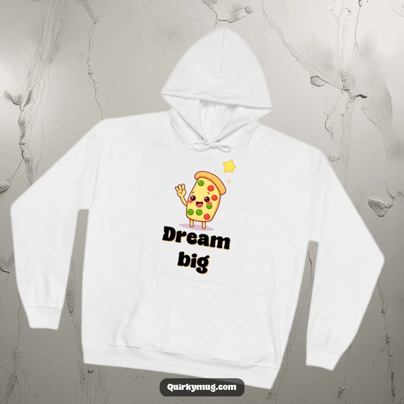 Funny Kawaii pizza slice character stretching towards a distant star on this warm and comfortable hoodie.