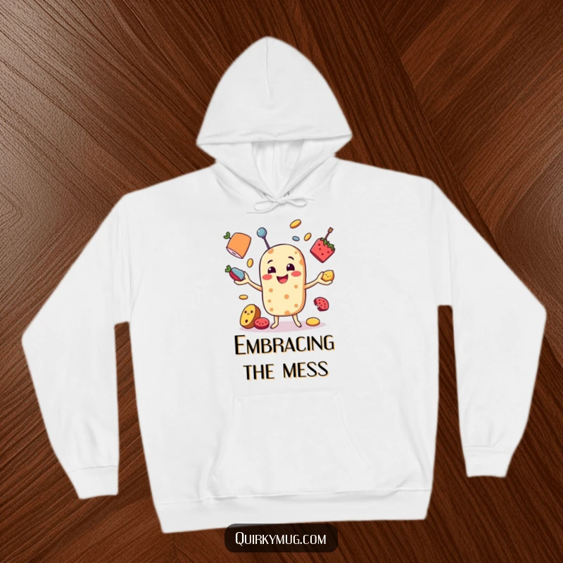 Funny hoodie showcasing a happy food character comically juggling various tumbling objects, perfect for cozy, humorous relaxation.