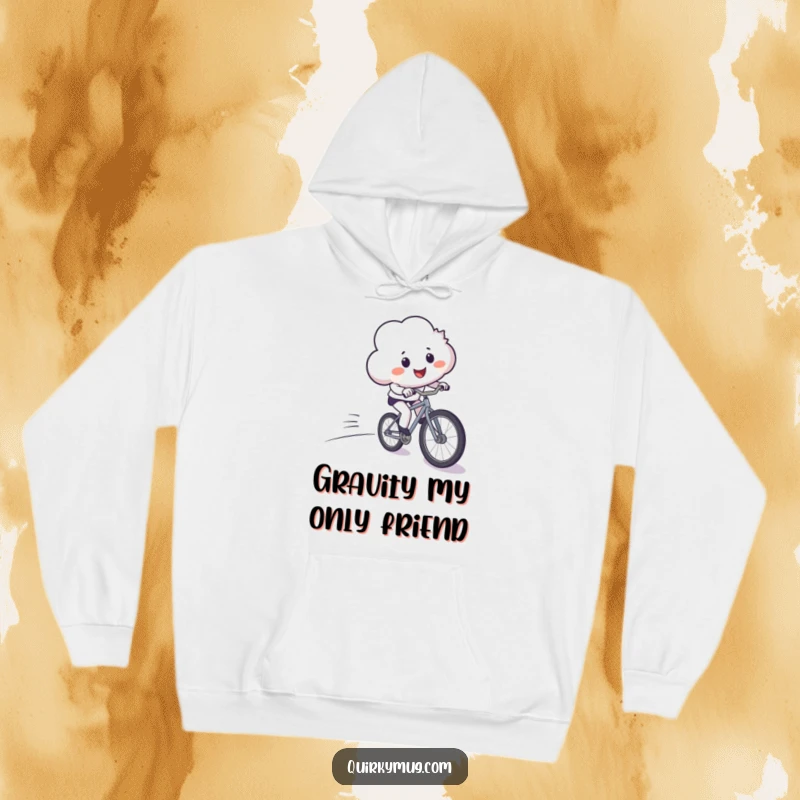 Funny hoodie depicting a smiling cloud comically losing control while riding a bicycle downhill, a humorous and cozy apparel choice.