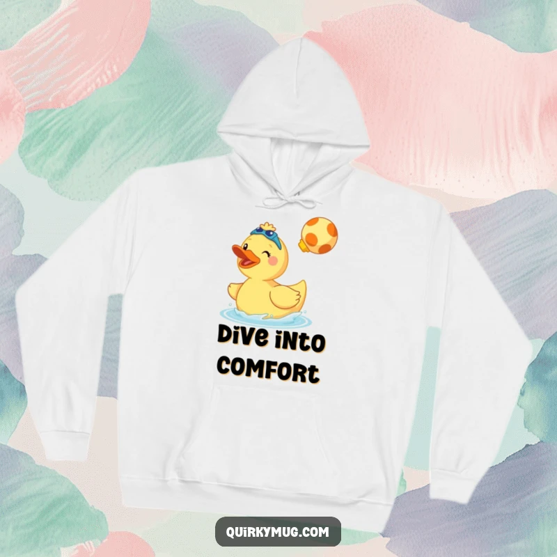 Funny hoodie depicting a cheerful giant rubber duck wearing swim fins and doing a cannonball.