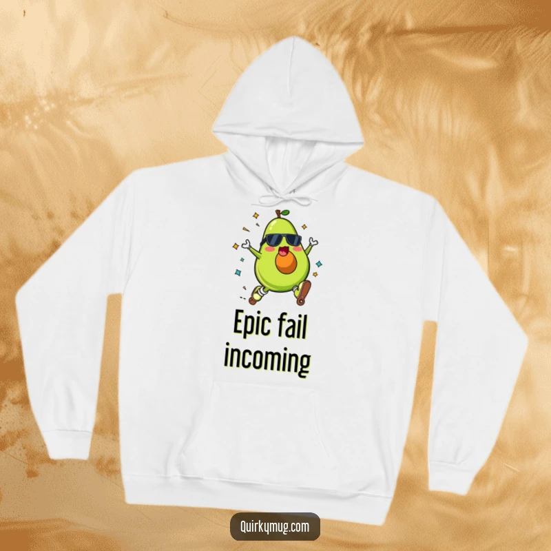 Funny Kawaii avocado character on a hoodie, roller skating and falling spectacularly with a surprised expression.