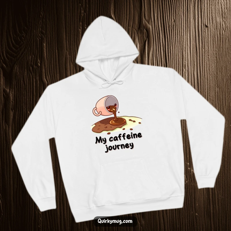 Funny Kawaii coffee cup character spilling a tiny amount of coffee on a vast landscape on a hoodie, looking slightly embarrassed.