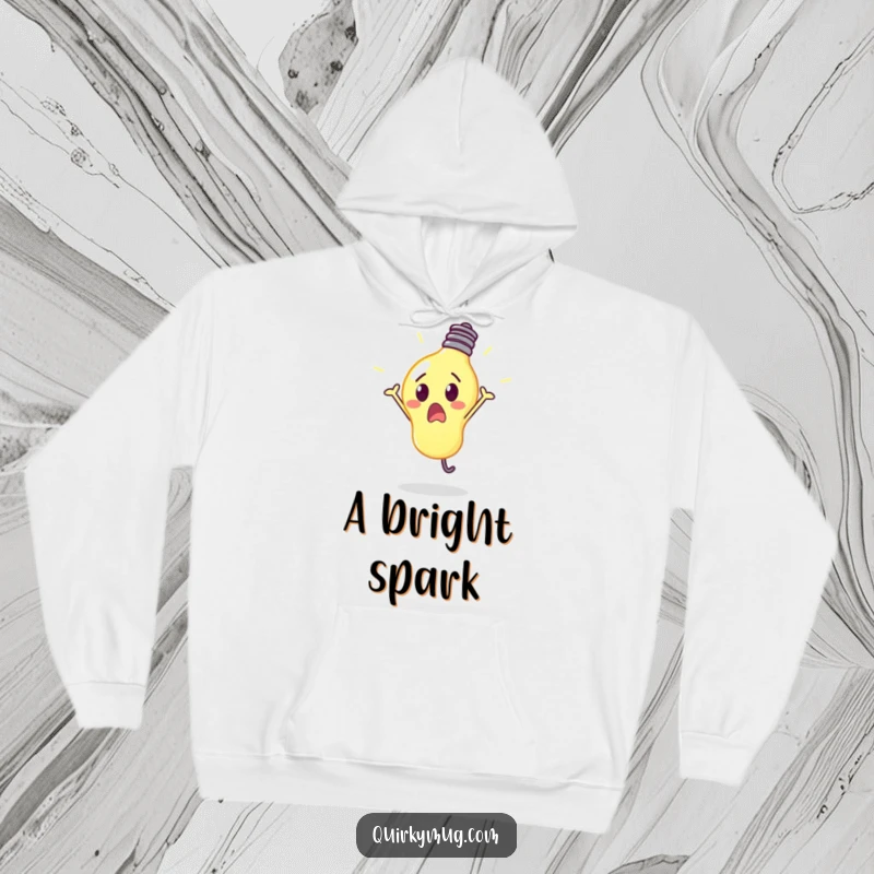 Funny, surprised lightbulb character in a bright glow doing a cartwheel, featured on a comfortable hoodie.